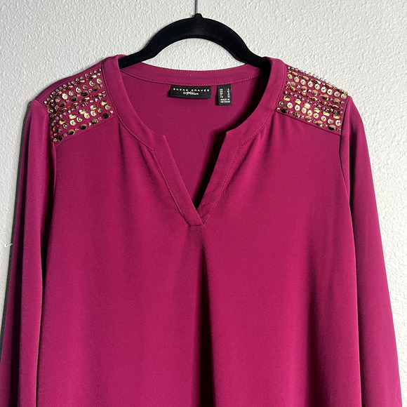 Susan Graver Artisan Womens Small Fuscia Jeweled Shoulder V- Neck Blouse Career - Picture 2 of 11
